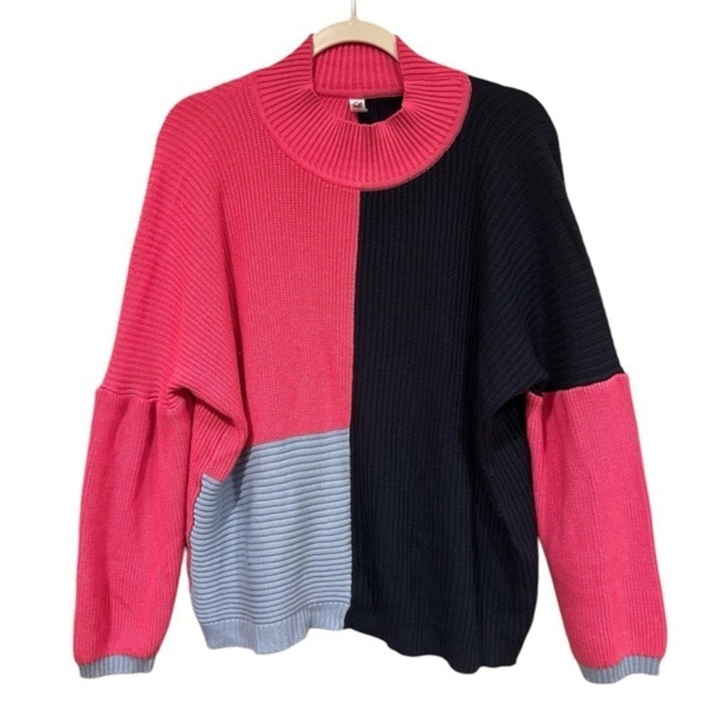 Zephir Womens Sweater Large Colorblock Pink Black Gray Oversized Chunky Knit
